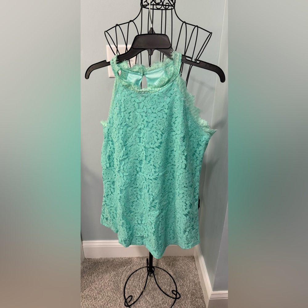 Berryou Lace Hollow out tank top Aqua Mint Green Large women Halter top raw lace